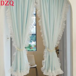 Curtains French Retro Lighttransmitting Linen Door Curtain Kitchen Balcony Bedroom Partition Light Blue Side Lace Half Curtain #A399