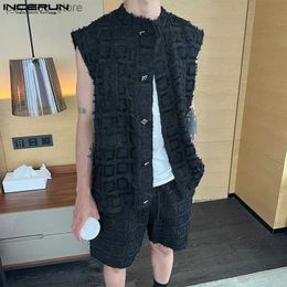 Men's Tracksuits Mens set solid tassel Korean sleeveless button top and two-piece street clothing mens casual set Q240314