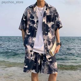 Men's Tracksuits Summer mens shorts set paired with shirt letter stripes floral print clothing short sleeves elastic waist ultra-thin mens set Q240314