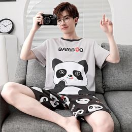 Summer Men Pyjamas Set Adult Sleepwear Cotton Pyjamas Homewear Cartoon Panda Korean Loose Short Sleeve Pijamas Leisure Loungewea 240313