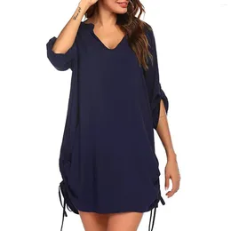 Casual Dresses Women Cover Up Beach Sundress Solid V Neck Drawstring Blouse Shirt Female Oversized Pullovers Shirts Robe Femme