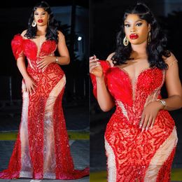 2024 African Plus Size Promdress Red Prom Dresses For Black Women Elegant Evening Dresses for Special Occasions Sheer Neck Lace Birthday Gowns Engagement Gown AM519