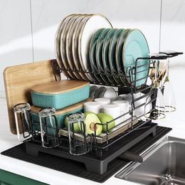 MAJALiS Dish Drying Rack for Kitchen Counter, Stainless Steel Large Dish Drainers Strainer with Drainboard Set for Sink, 2 Tier with Utensil Holder, Cups Holder