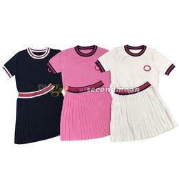 Women Summer Pleated Skirt Letters Embroidered Knitwear Short Sleeve T Shirt High Waist Skirts