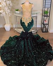 Sparkly Green Sequins Mermaid Prom Dresses For Black Girls Crystal Rhinestone Court Train Party Gown Robes De Bal 0509