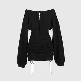 Casual Dresses Off Shoulder Pleated Sheath Dress 2024 Girl Lace Up Goth Spring Summer Sexy Bandage Grunge Y2k Bodycon Vestidos