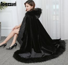 Nerazzurri black hooded cloak vintage women loose oversized long faux fur cape coat with faux fox fur trim thick warm cloak 2010295856968