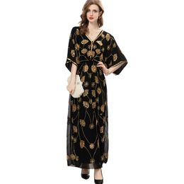 Women's Runway Dresses V Neck Half Batwing Sleeves Sequined Elastic Waist Fashion Long Robe Maxi Designer Vestidos