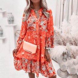 Casual Dresses Women Vintage Ethnic Printed Dress Long Sleeve V Neck Loose Tunic Bohemian Style Summer Elegant Ruffled Pleated