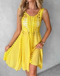 Casual Dresses Women Beach Dress Round Neck Hollow Out Crochet Short Skirt 2024 Spring/summer Latest Sleeveless Daily A Line Mini