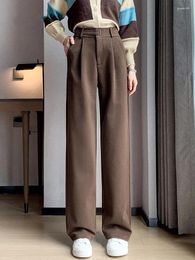 Women's Pants Solid Color Wide Leg With Unique Button Slim Fit And Thick Loose Casual Design For Fashionable Winter Long