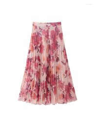 Skirts Girls Spring Summer Flower Print 2024 Fashion Long Chic Lady Elegant High Waist Pleated Red A-Line Chiffon Skirt