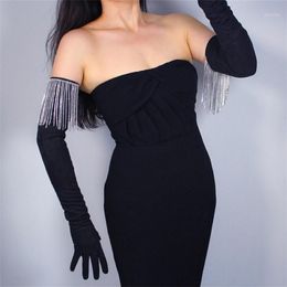 Five Fingers Gloves 2021 70cm Rhinestone Extra Long Tassel Chain Diamond Imitation Leather Suede Matte Black Woman's WJP09-70272j