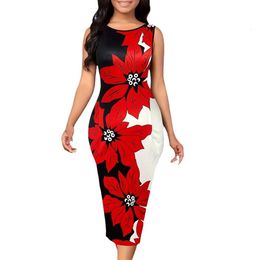 Women's Commuter Fashion Office Round Neck Sleeveless Printed Wrapped Hip Dress