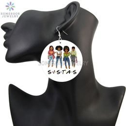 SOMESOOR Peace Love Melanin Sister African Wooden Drop Earrings Afro Curly Queen Natural Hair Printed Dangle Jewelry For Women 240311