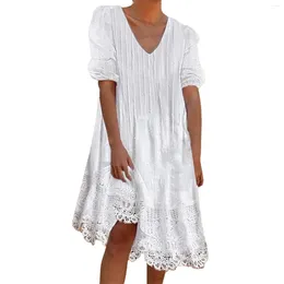 Casual Dresses A Line Floral Dress Women's Loose Fit Lace Panel Short Sleeve Sundress Ladies Jacquard White Streetwear