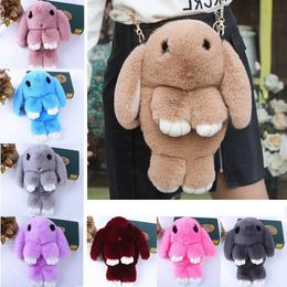 Plush Backpacks Cute Bunny Plush Bag Messenger Women Rabbit Fur Pompoms Chain Bag Mobile Phone Pack Girls Small Shoulder DecorativeL2403