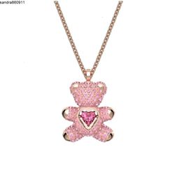 Swarovski Necklace Luxury Fashion Womenshi Hualuo Counter Pink Beating Heart Bear Teddy Collar Chain Light Valentines Day Gift