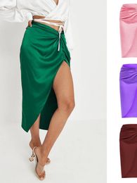 Summer Green Women Silk Satin Skirt with Side Slit Elagant Sexy Tight Skirt Female Folds High Waist Wrap Pencil Skirts Purple 240306