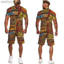 Men's Tracksuits African Print Womens T-shirt Set African Dashiki Mens TracksuitTopsShorts Sports Leisure Summer Mens Wear Q240314