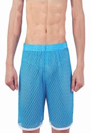 Mesh Men Shorts Sexy Beach Board See Through Fishnet Gay Male Stage Loose Hollow Out Blue Red Black White Men039s3561469