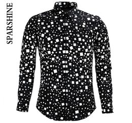 Men Shirt Chemise Homme Black White Square Printed Slim Long Sleeve Mens Dress Shirts Cotton Shirt Camisa1021066