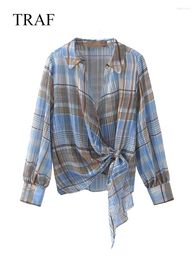 Women's Blouses TFMLN 2024 Summer Women Chiffon Printed Shirts Fashion Bow Long Sleeve Tops Casual Elegant Thin Plaid