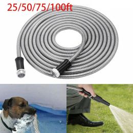 Reels 25/50FT Stainless Steel Garden Hose Flexible Pipes For Garden Green Plants Watering Hoses HoUsehold Car Cleaning Water Pipe