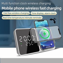 3in1 Digital Led Alarm Clock Cordless Phone Charger Desktop Electric Mirror Clock Thermometer Qi Fast 15W Wireless Charger