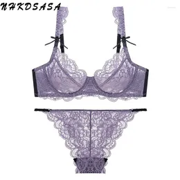 Bras Sets 2024 Lingerie Set Sexy Women Lace Bra And Panties Super Thin Garter Push Up Big Size Transparent Underwear 85E 95D