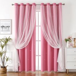 Curtains Star Curtains for Girls Bedroom Blackout Curtains Double Layer Sheer Overlay with Bowknot Lace for Kids Room Decor Princess Star