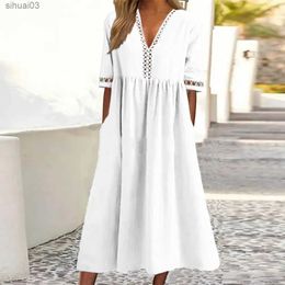 Basic Casual Dresses New summer white dress womens 2023 in dresses formal occasion Cotton Linen Casual Loose Solid Midi Dress vestidosL2403