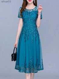 Basic Casual Dresses Blue Casual Chiffon Mesh Korean Long Dress Summer Women 2023 New Tunics Midi Fashion Elegant Prom Evening Dresses Short SleeveL2403