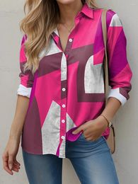 Women's Blouses 2024 Shirt Blouse Geometry Red Blue Print Button Long Sleeve Casual Fashion Collar Fit Spring & Fall Elegance Tops