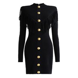 2024 frühling Lange Ärmel O Neck Schwarz/Weiß Quaste Tasten Frauen Kleid Designer High-End-Kleider Frauen Runway kleid 31412