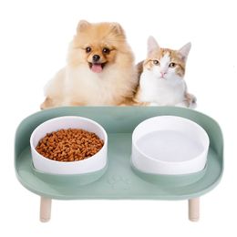 Cat Double Bowl Safety with Wood Stand and Silicone Mat Kitten Puppy Food Water Feeding Elevated Dish Dog Supplies SpillProof 240304