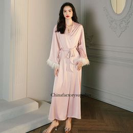 Women Clothing Dress Pama Solid Sleeve Spring Long Suspender Trousers Silk Chic Feather Casual Home Robes