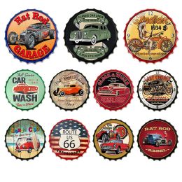 Signs Garage Car Beer Bottle Cap Tin Sign Vintage Rusty Shabby Plates Circle Plate Crafts Metal Wall Signs Decor Tinplate Caps Signs