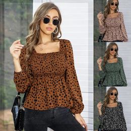 Women's Blouses Elegant Sexy Leopard Printing Chiffon Shirt Autumn Winter 2024 Square Collar Long Lantern Sleeve Women Pullovers Blouse Tops