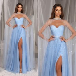 Baby blue a line Evening Dresses elegant with cape sweetheart Prom Dress beads Front Split Formal Long ogstuff tulle Dresses for special occasion