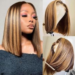 Wear and Go GURENYUN Hair Highlight Wig Ombre 4/27 Honey Blond Bob Wigs Glueless 4x4 Lace Front Wig Human Hair for Women