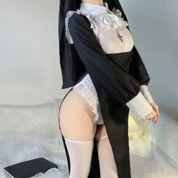 Sex Lingerie Role-playing Nun Long Uniform with Sex High Slit Temptation No Need To Take Off Pure Lust Suit 240311