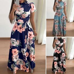 Casual Dresses Printed Dress Women Floral Print Maxi With Mock Collar Belted Waist Women's A-line Swing For Summer
