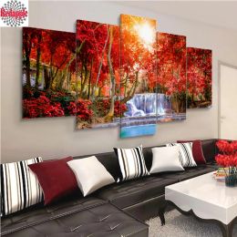 Stitch diamond embroidery 5pcs Forest red tree waterfall Landscape Home Decor Modular Background Picture Modern diamond painting mosaic