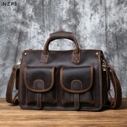 NZPJ Vintage Genuine Leather Mens Briefcase Crazy Horse Handbag Natural Cowhide Travel Bag Casual Shoulder Crossbody 240311