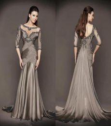 Designer Grey Mermaid Mother of The Bride Dresses 34 Long Sleeve Lace Appliqued Beads Pleats Wedding Guest Dresses5678642