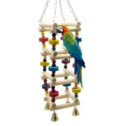 Toys Wooden Bird Parrot Swing Ladder Toys Hanging Bird Chewing Climbing Stand Perch with Bell Playground Colorful Bite Blocks Toy C42