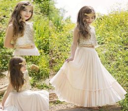 Champagne Sequined Two Pieces Flower Girls Dresses For Wedding ALine Junior Bridesmaid Dress Floor Length Chiffon First Communion7867681