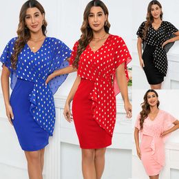 Fashionable Slim Fitting Temperament V-neck 2024 Women's Elegant Gilded Polka Dot Chiffon Dress