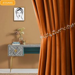 Curtains Solid Orange Thickened Blackout Flannelette Curtains for Living Room Bedroom French Window Customised Finished Home Decoration